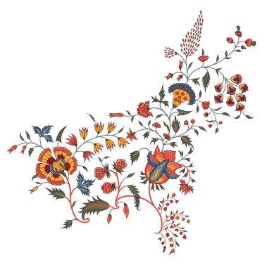 Renkli çiçekleri ve giyim tasarımı için yaprakları olan güzel, soyut bir çiçek tasarımı. Çiçek motifi, çiçek çizimi, çiçek kompozisyonu., 