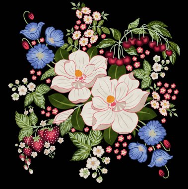 Renkli çiçekleri ve giyim tasarımı için yaprakları olan güzel, soyut bir çiçek tasarımı. Çiçek motifi, çiçek çizimi, çiçek kompozisyonu., 