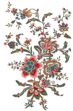 Renkli çiçekleri ve giyim tasarımı için yaprakları olan güzel, soyut bir çiçek tasarımı. Çiçek motifi, çiçek çizimi, çiçek kompozisyonu., 