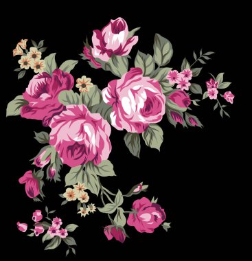 Renkli çiçekleri ve giyim tasarımı için yaprakları olan güzel, soyut bir çiçek tasarımı. Çiçek motifi, çiçek çizimi, çiçek kompozisyonu., 