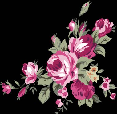 Renkli çiçekleri ve giyim tasarımı için yaprakları olan güzel, soyut bir çiçek tasarımı. Çiçek motifi, çiçek çizimi, çiçek kompozisyonu., 