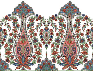 Renkli çiçekleri ve giyim tasarımı için yaprakları olan güzel, soyut bir çiçek tasarımı. Çiçek motifi, çiçek çizimi, çiçek kompozisyonu., 