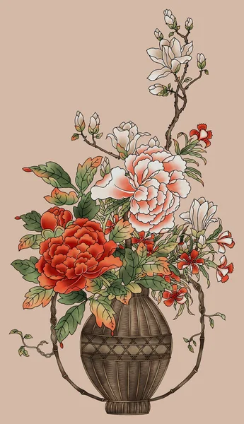 Ένα Όμορφο Αφηρημένο Floral Σχέδιο Πολύχρωμα Μοντέρνα Λουλούδια Και Φύλλα — Φωτογραφία Αρχείου