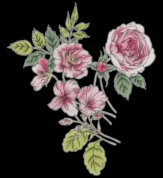 カラフルな流行の花とアパレルデザインのための葉を持つ美しい抽象的な花のデザイン 花のモチーフ 花のイラスト 花の組成 — ストック写真