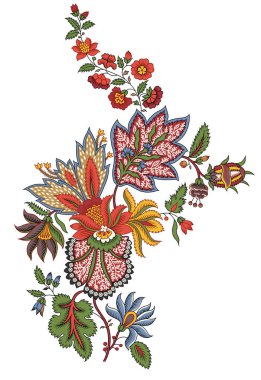 Renkli çiçekleri ve giyim tasarımı için yaprakları olan güzel, soyut bir çiçek tasarımı. Çiçek motifi, çiçek çizimi, çiçek kompozisyonu., 