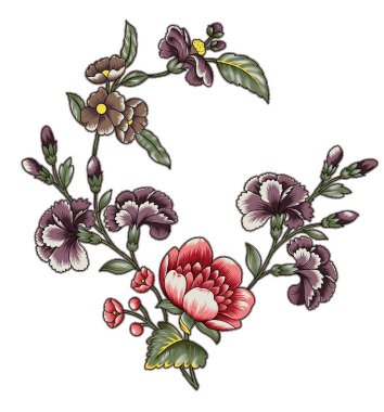 Renkli çiçekleri ve giyim tasarımı için yaprakları olan güzel, soyut bir çiçek tasarımı. Çiçek motifi, çiçek çizimi, çiçek kompozisyonu., 