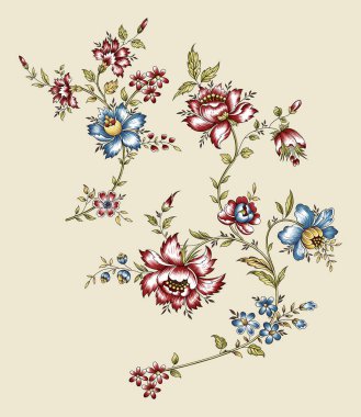 Renkli çiçekleri ve giyim tasarımı için yaprakları olan güzel, soyut bir çiçek tasarımı. Çiçek motifi, çiçek çizimi, çiçek kompozisyonu., 