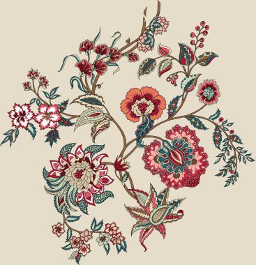 Renkli çiçekleri ve giyim tasarımı için yaprakları olan güzel, soyut bir çiçek tasarımı. Çiçek motifi, çiçek çizimi, çiçek kompozisyonu., 