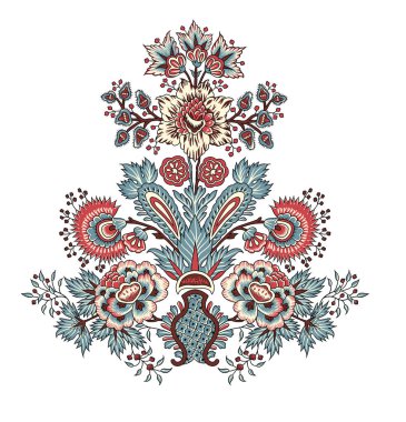 Renkli çiçekleri ve giyim tasarımı için yaprakları olan güzel, soyut bir çiçek tasarımı. Çiçek motifi, çiçek çizimi, çiçek kompozisyonu., 