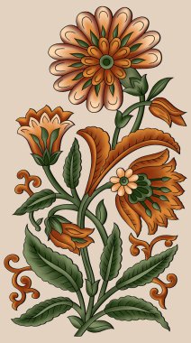 Renkli çiçekleri ve giyim tasarımı için yaprakları olan güzel, soyut bir çiçek tasarımı. Çiçek motifi, çiçek çizimi, çiçek kompozisyonu., 