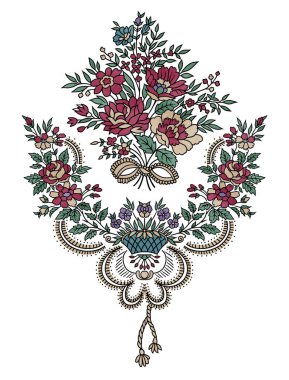 Renkli çiçekleri ve giyim tasarımı için yaprakları olan güzel, soyut bir çiçek tasarımı. Çiçek motifi, çiçek çizimi, çiçek kompozisyonu., 