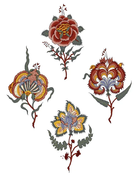 カラフルな流行の花とアパレルデザインのための葉を持つ美しい抽象的な花のデザイン 花のモチーフ 花のイラスト 花の組成 — ストック写真