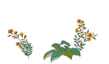 Renkli çiçekleri ve giyim tasarımı için yaprakları olan güzel, soyut bir çiçek tasarımı. Çiçek motifi, çiçek çizimi, çiçek kompozisyonu., 