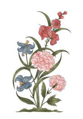 Renkli çiçekleri ve giyim tasarımı için yaprakları olan güzel, soyut bir çiçek tasarımı. Çiçek motifi, çiçek çizimi, çiçek kompozisyonu., 