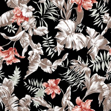 Renkli çiçekleri ve giyim tasarımı için yaprakları olan güzel, soyut bir çiçek tasarımı. Çiçek motifi, çiçek çizimi, çiçek kompozisyonu., 