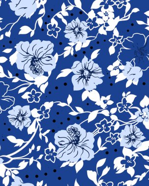 Renkli çiçekleri ve giyim tasarımı için yaprakları olan güzel, soyut bir çiçek tasarımı. Çiçek motifi, çiçek çizimi, çiçek kompozisyonu., 