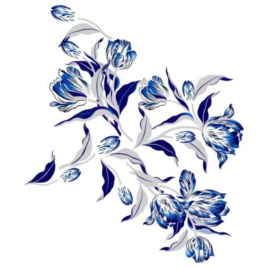 Renkli çiçekleri ve giyim tasarımı için yaprakları olan güzel, soyut bir çiçek tasarımı. Çiçek motifi, çiçek çizimi, çiçek kompozisyonu., 