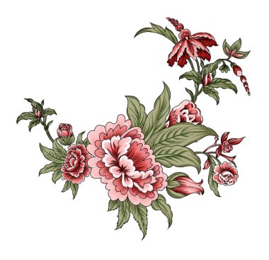 Renkli çiçekleri ve giyim tasarımı için yaprakları olan güzel, soyut bir çiçek tasarımı. Çiçek motifi, çiçek çizimi, çiçek kompozisyonu., 