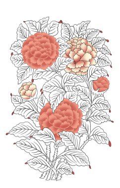 Renkli çiçekleri ve giyim tasarımı için yaprakları olan güzel, soyut bir çiçek tasarımı. Çiçek motifi, çiçek çizimi, çiçek kompozisyonu., 