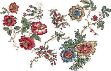 Renkli çiçekleri ve giyim tasarımı için yaprakları olan güzel, soyut bir çiçek tasarımı. Çiçek motifi, çiçek çizimi, çiçek kompozisyonu., 