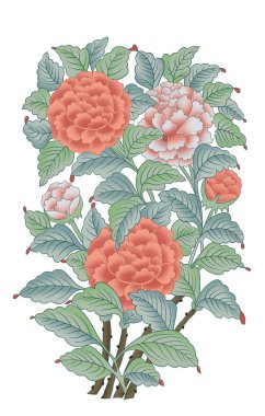 Renkli çiçekleri ve giyim tasarımı için yaprakları olan güzel, soyut bir çiçek tasarımı. Çiçek motifi, çiçek çizimi, çiçek kompozisyonu., 