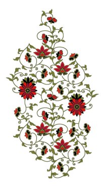 Renkli çiçekleri ve giyim tasarımı için yaprakları olan soyut güzel bir kompozisyon. Barut deseni