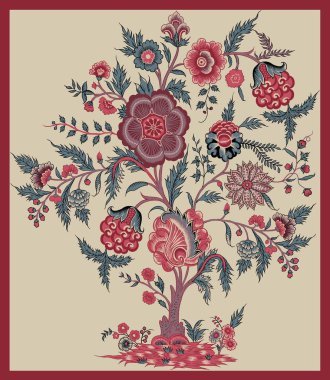 Renkli çiçekleri ve giyim tasarımı için yaprakları olan soyut güzel bir kompozisyon. Barut deseni