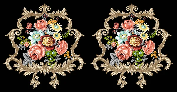 カラフルな流行の花とアパレルデザインのための葉を持つ美しい抽象的な花のデザイン バロック様式 — ストック写真