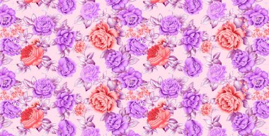 Renkli çiçekleri ve giyim tasarımı için yaprakları olan güzel, soyut bir çiçek tasarımı. Çiçek motifi, çiçek çizimi, çiçek kompozisyonu., 