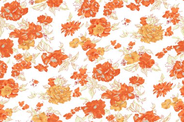 Renkli çiçekleri ve giyim tasarımı için yaprakları olan güzel, soyut bir çiçek tasarımı. Çiçek motifi, çiçek çizimi, çiçek kompozisyonu., 