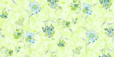 Renkli çiçekleri ve giyim tasarımı için yaprakları olan güzel, soyut bir çiçek tasarımı. Çiçek motifi, çiçek çizimi, çiçek kompozisyonu., 