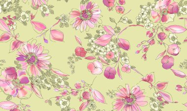 Renkli çiçekleri ve giyim tasarımı için yaprakları olan güzel, soyut bir çiçek tasarımı. Çiçek motifi, çiçek çizimi, çiçek kompozisyonu., 