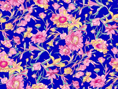 Renkli çiçekleri ve giyim tasarımı için yaprakları olan güzel, soyut bir çiçek tasarımı. Çiçek motifi, çiçek çizimi, çiçek kompozisyonu., 