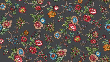 Renkli çiçekleri ve giyim tasarımı için yaprakları olan güzel, soyut bir çiçek tasarımı. Çiçek motifi, çiçek çizimi, çiçek kompozisyonu., 