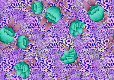 Renkli çiçekleri ve giyim tasarımı için yaprakları olan güzel, soyut bir çiçek tasarımı. Çiçek motifi, çiçek çizimi, çiçek kompozisyonu., 