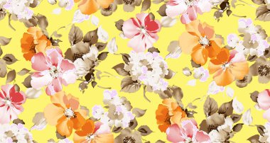 Renkli çiçekleri ve giyim tasarımı için yaprakları olan güzel, soyut bir çiçek tasarımı. Çiçek motifi, çiçek çizimi, çiçek kompozisyonu., 