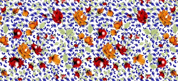 一个美丽的抽象花卉设计与五彩缤纷的流行花和树叶的服装设计 花卉图解 花卉构图 — 图库照片