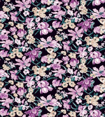 Renkli çiçekleri ve giyim tasarımı için yaprakları olan güzel, soyut bir çiçek tasarımı. Çiçek motifi, çiçek çizimi, çiçek kompozisyonu., 