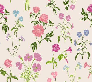 Renkli çiçekler ve yapraklarla soyut bir çiçek tasarımının kusursuz bir tekrarı. Fantezi çiçekleri, doğal duvar kağıtları, çiçek desenleri, kıvrımlı resimler.