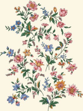 Renkli çiçekleri ve yaprakları olan güzel, soyut bir çiçek tasarımı. Fantezi çiçekleri, doğal duvar kağıtları, çiçek desenleri, kıvrımlı resimler.