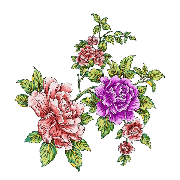 一个美丽的抽象花卉设计 色彩艳丽的花朵和树叶 幻想花卉 天然壁纸 花卉装饰卷曲插图 — 图库照片