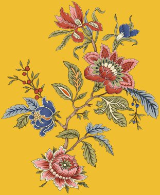 Renkli çiçekleri ve yaprakları olan güzel, soyut bir çiçek tasarımı. Fantezi çiçekleri, doğal duvar kağıtları, çiçek desenleri, kıvrımlı resimler.