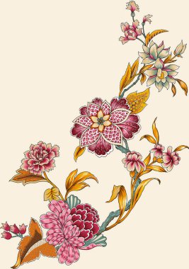 Renkli çiçekleri ve yaprakları olan soyut, güzel bir çiçek deseni. Fantezi çiçekleri, doğal duvar kağıtları, çiçek desenleri, kıvrımlı resimler.