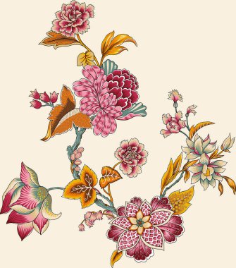 Renkli çiçekleri ve yaprakları olan soyut, güzel bir çiçek deseni. Fantezi çiçekleri, doğal duvar kağıtları, çiçek desenleri, kıvrımlı resimler.