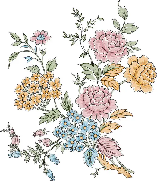 カラフルなトレンディな花と葉で美しい抽象的な花のデザイン ファンタジーの花 自然な壁紙 花の装飾のカールのイラスト ペイズリープリント手描き要素 ロイヤリティフリーのストック写真