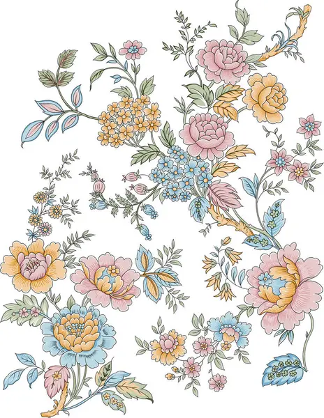 カラフルなトレンディな花と葉で美しい抽象的な花のデザイン ファンタジーの花 自然な壁紙 花の装飾のカールのイラスト ペイズリープリント手描き要素 ストック写真