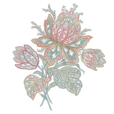 Renkli çiçekleri ve yaprakları olan güzel, soyut bir çiçek tasarımı. Fantezi çiçekleri, doğal duvar kağıtları, çiçek desenli kıvrımlı resimler. Paisley el çizimi elementler, 