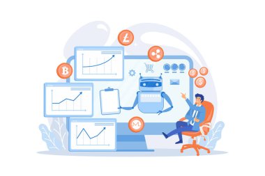 Kripto para madencilik yazılımı, e-ticaret için yapay zeka. Kripto ticaret robotu, otomatik yapay zeka ticareti, en iyi bitcoin takas robotu konsepti. düz vektör modern illüstrasyon