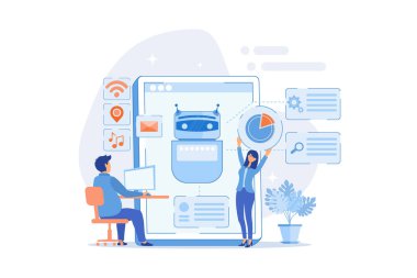 Programcılar ve sohbet robotları doğal dili işliyor. Doğal dil işleme, sohbet robotu doğal dili, doğal dil kırışıklığı kavramı. düz vektör modern illüstrasyon