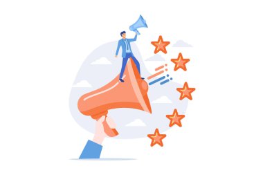 Halkla ilişkiler ve pazarlama kampanyası. Propaganda, haber, yayın. Halkla ilişkiler ajansı. Megafon ve kıdemli yıldızlar izole edilmiş düz tasarım elementleri. düz vektör modern illüstrasyon